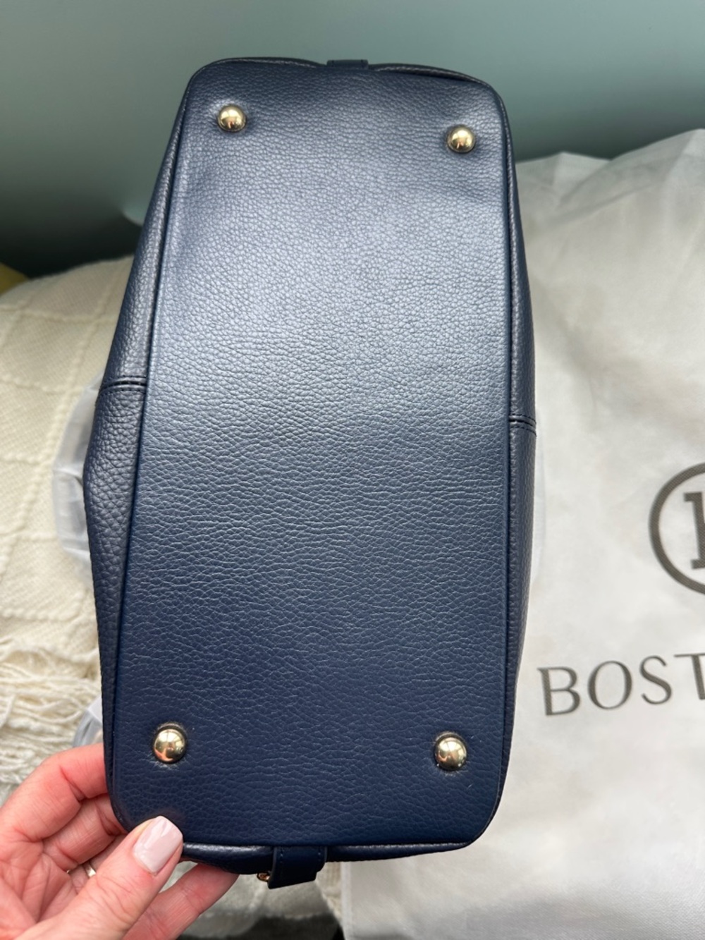 New Bostanten Navy Leather Satchel with Gold Hardware - Picture 5 of 6